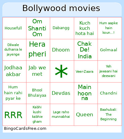 Bollywood Movies Bingo Card