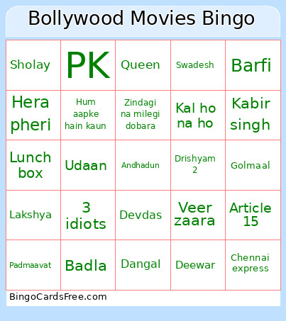 Bollywood Movies Bingo Card