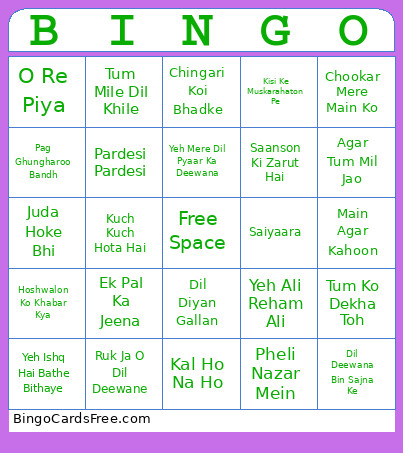 Bollywood Music Bingo Card