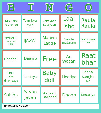 Bollywood Songs Bingo Card
