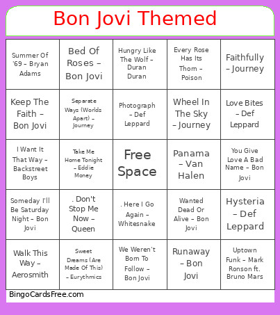 Bon Jovi Themed Bingo Card