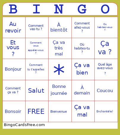 Bonjour - Au Revoir Bingo Card