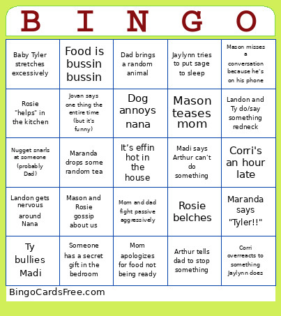 Bonnette Family Bingo Card