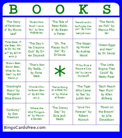BOOKS Bingo 5 and Under Cards Free Pdf Printable Game, Title: BOOKS