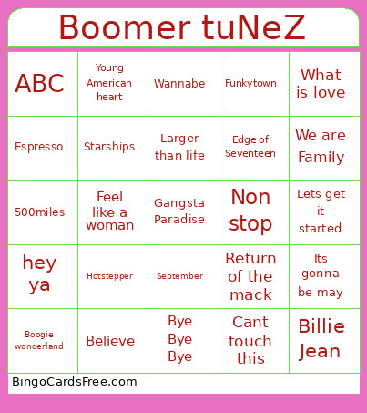 Boomer TuNeZ Bingo Card