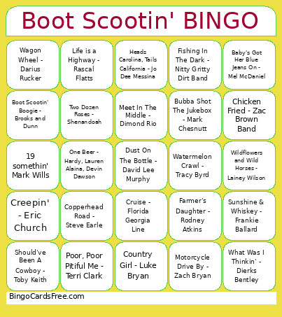Boot Scootin' Bingo Card