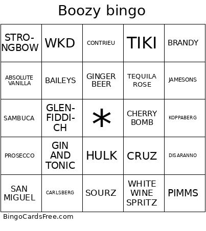 Boozy bingo Cards Free Pdf Printable Game, Title: Boozy bingo