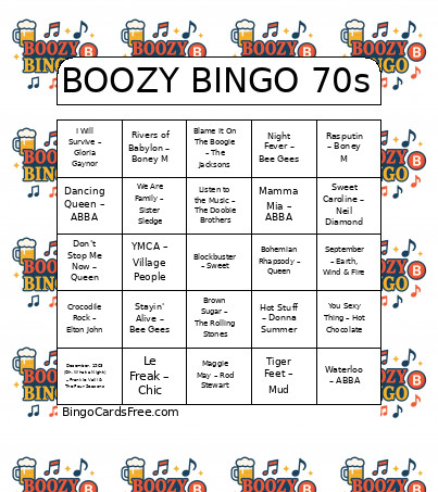 BOOZY 70s Bingo Card