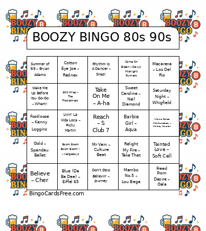BOOZY 80s 90s Bingo Card