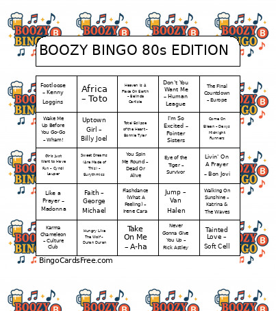 Boozy 80s Edition Bingo Card