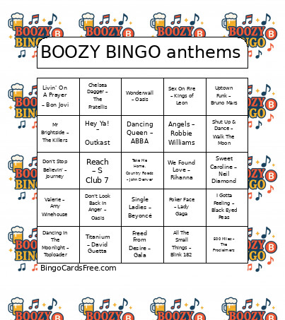 BOOZY Anthems Bingo Card