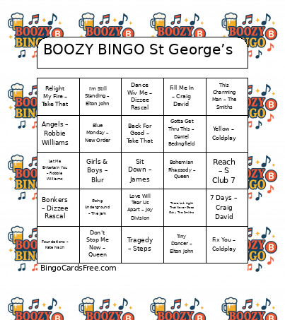 BOOZY St George’s Bingo Card
