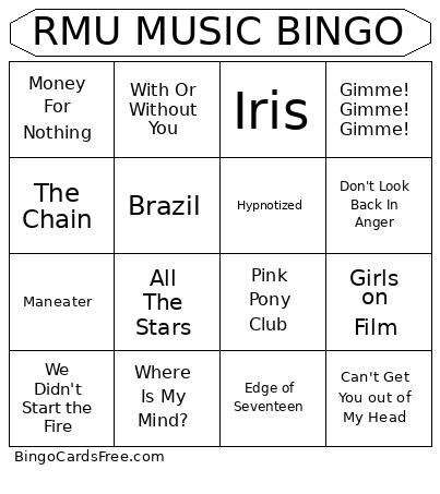Bops I blast in my Jeep Bingo Cards Free Pdf Printable Game, Title: RMU MUSIC BINGO