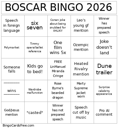 BOSCAR 2026 Bingo Card