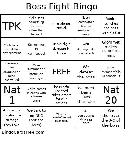 Boss Fight Bingo Card