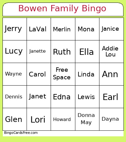 Bowen Family Bingo Card