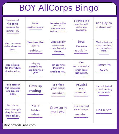 BOY AllCorps Bingo Card
