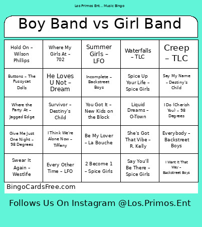 Boy Band Vs Girl Band Bingo Card