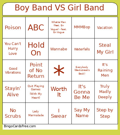 Boy Band VS Girl Band Bingo Card