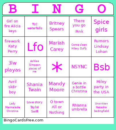 Boy Bands Bingo Card