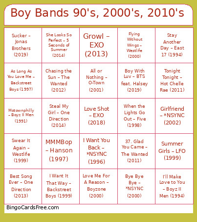 Boy Bands 90's, 2000's, 2010's Bingo Card