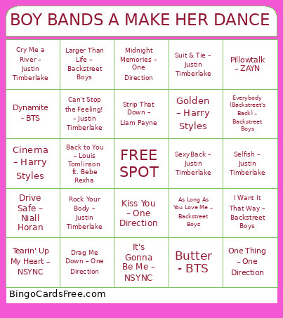 BOY BANDS A MAKE HER DANCE Bingo Card
