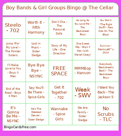 Boy Bands & Girl Groups @ The Cellar Bingo Card