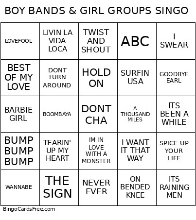 BOY BANDS & GIRL GROUPS SINGO Bingo Card
