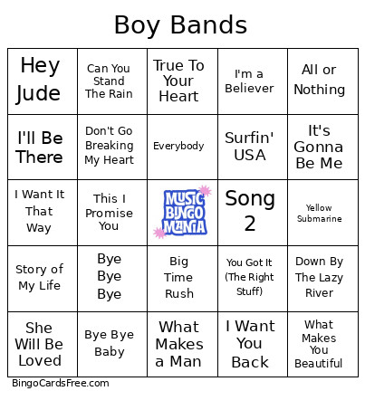 Boy Bands Music Bingo Card