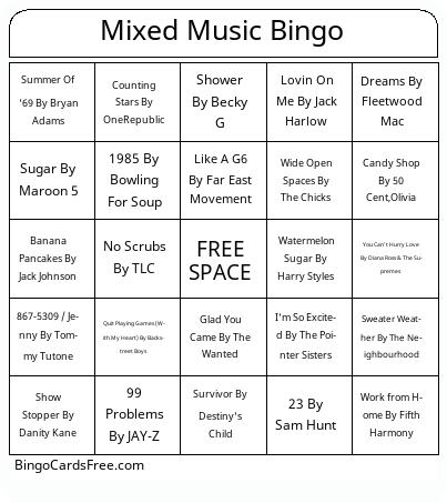 Boy Bands - TikTok - Food - Numbers - Girl Groups Bingo Cards Free Pdf Printable Game, Title: Mixed Music Bingo