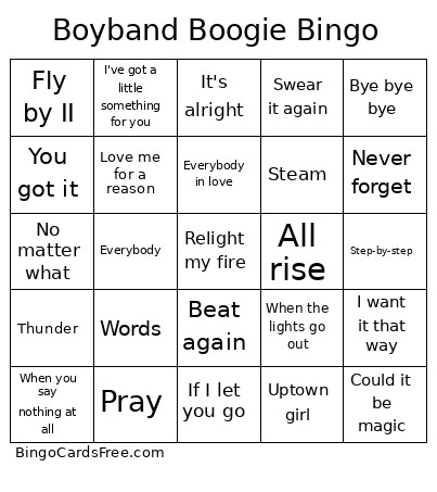 Boyband Boogie Bingo Card