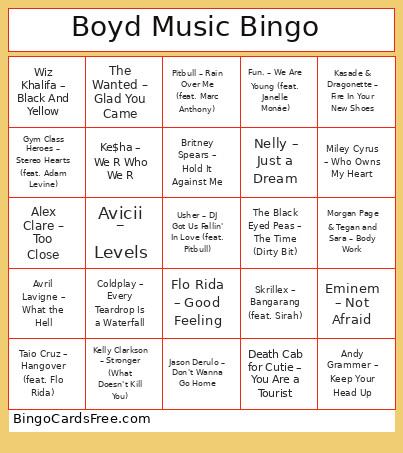 Boyd Music Bingo Card