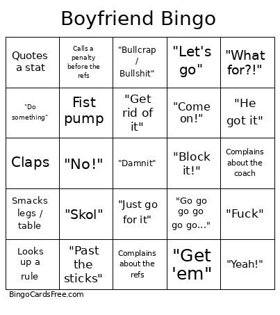 Boyfriend Bingo Card
