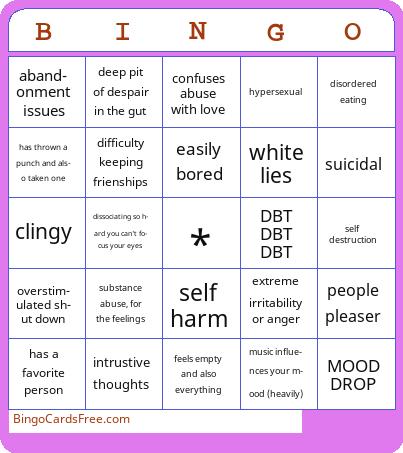 BPD Bingo Cards Free Pdf Printable Game, Title: BINGO