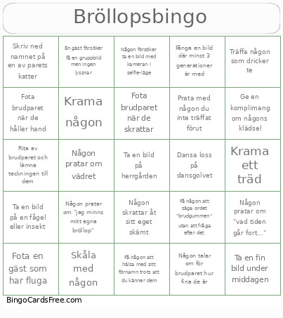 Bröllops Bingo Card
