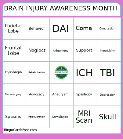 Brain Injury Awareness Bingo Card
