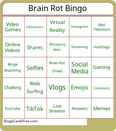 Brain Rot Bingo Cards Free Pdf Printable Game, Title: Brain Rot Bingo