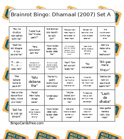 Brainrot : Dhamaal (2007) Set A Bingo Card