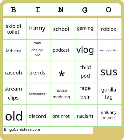 Brainrot Youtube Bingo Cards Free Pdf Printable Game, Title: BINGO