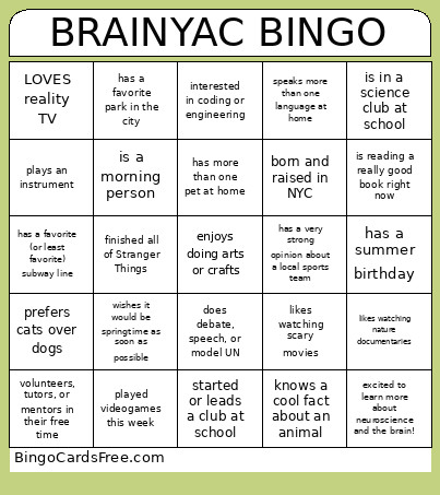 BRAINYAC Bingo Card