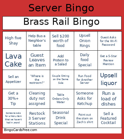 Brass Rail Bingo Card