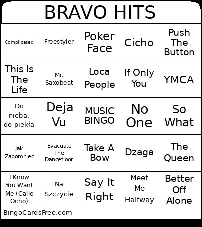BRAVO HITS Bingo Card