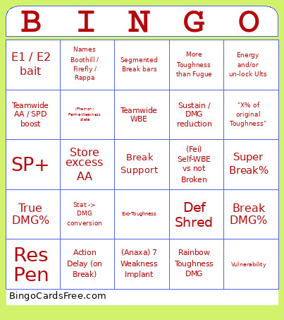 Break Support Bingo Card