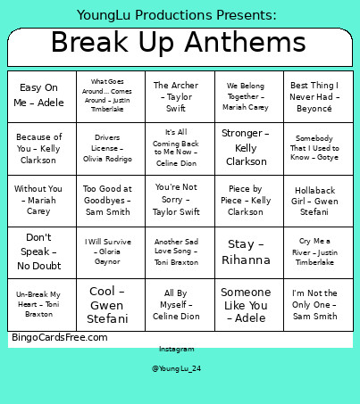 Break Up Anthems Bingo Card