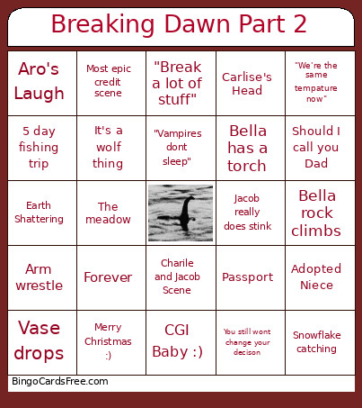 Breaking Dawn Part 1 Bingo Card