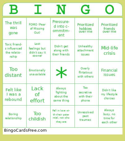BREAKUP BINGO Cards Free Pdf Printable Game, Title: BINGO