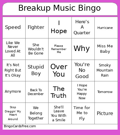 Breakup Music Bingo Card