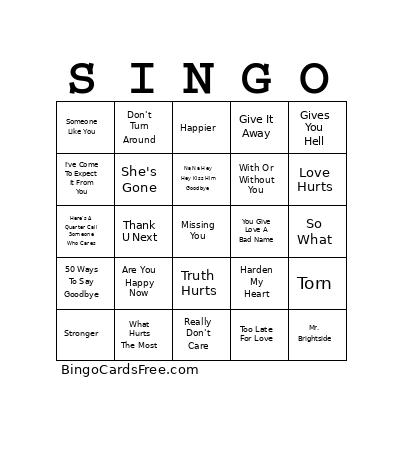 Breakup Songs Bingo
