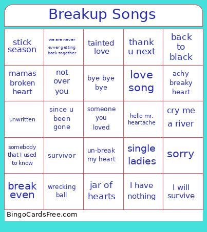 Breakup Songs Bingo Card