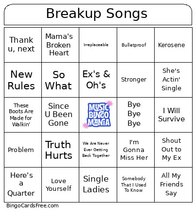 Breakup Songs Bingo Card